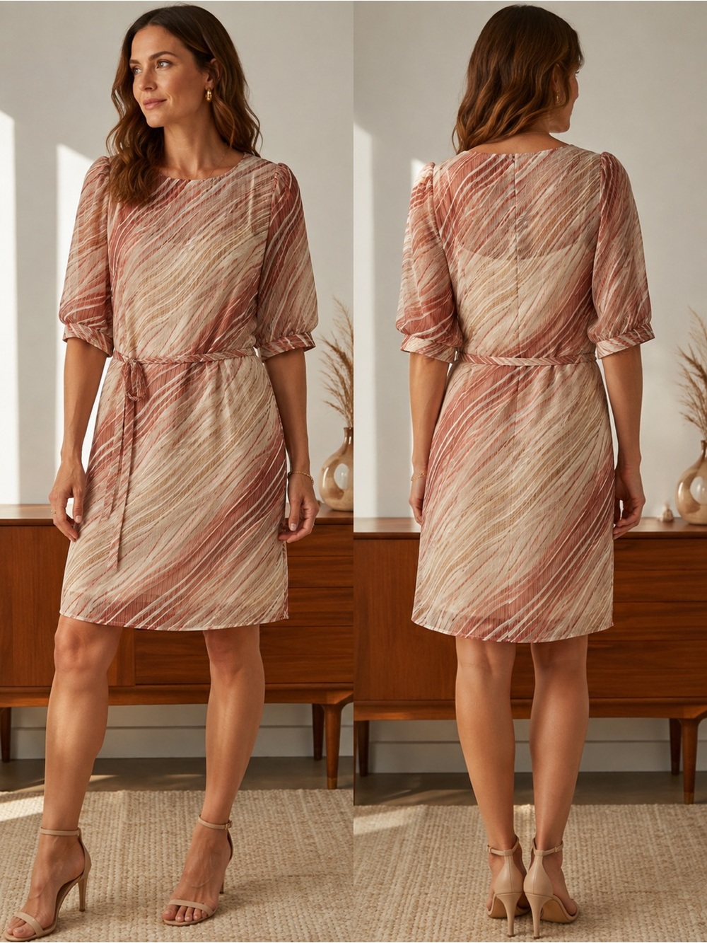 1970s Ruby Lou Canadian VTG Rust & Cream Wave Print Midi Dress with Belt